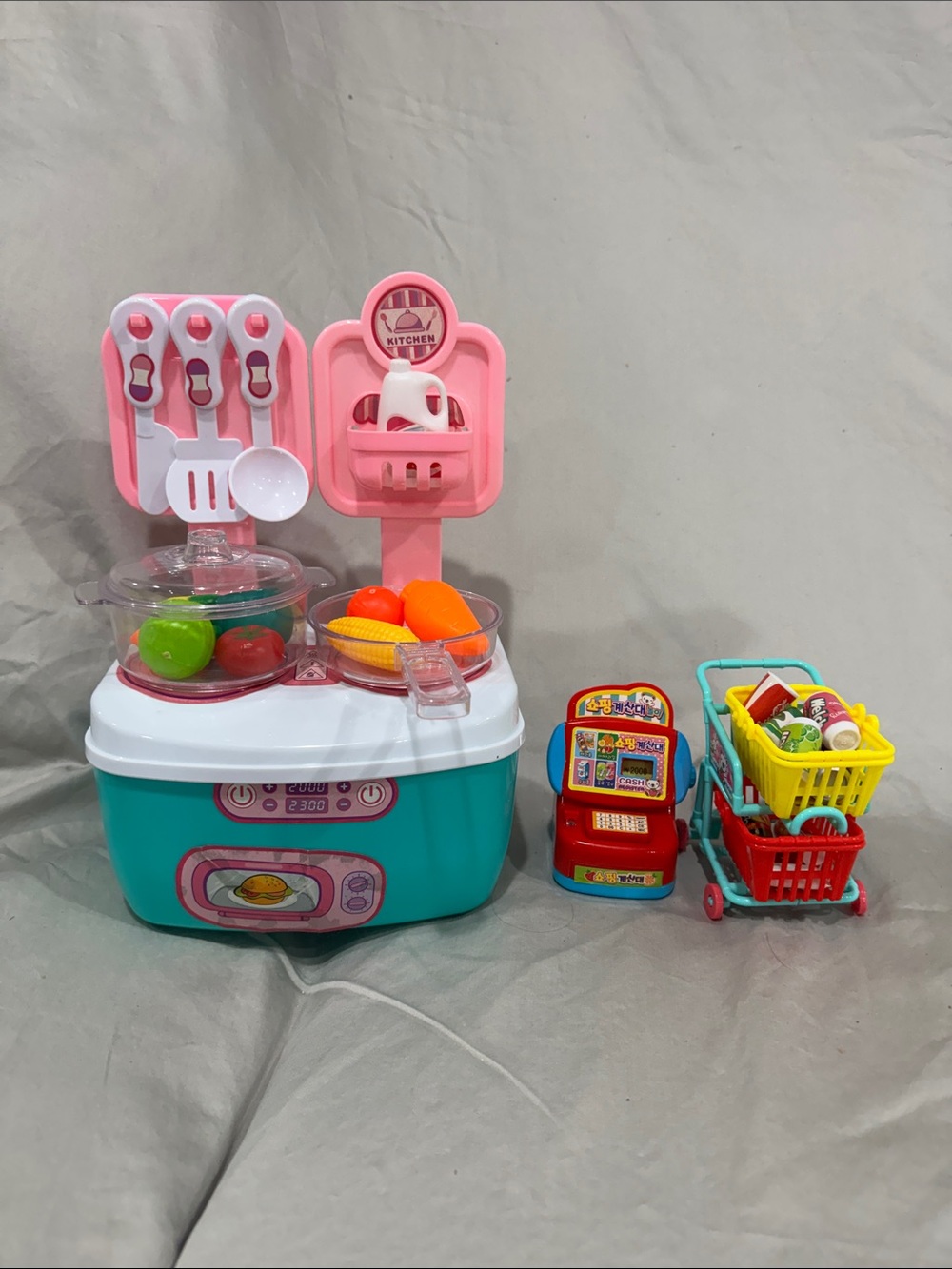 Kids Pretend Play Kitchen and Shopping Set with Pink and Teal Accessories